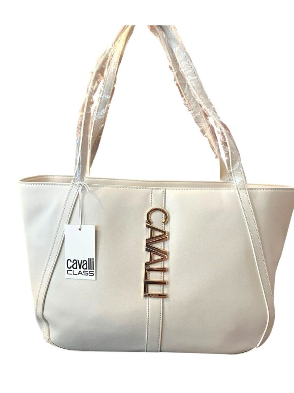 Cavalli Class Extra Large Sandra Shopper Tote Bag Satchel Ivory Travel Purse NWT